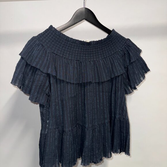 Ulla Johnson Kasia Navy Blue Smocked Off-the-Shoulder Tiered Ruffle Top - Picture 5 of 6